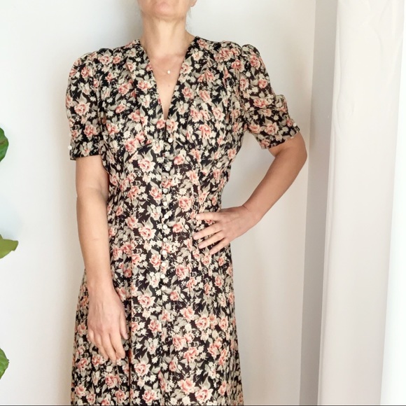 Vintage Dresses & Skirts - Vtg Cottagecore ALGO Dress Floral Print Midi Puffy